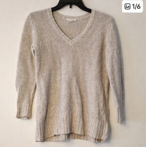 Eileen Fisher V-Neck Oatmeal Beige Linen Sweater XS Open Knit Coastal